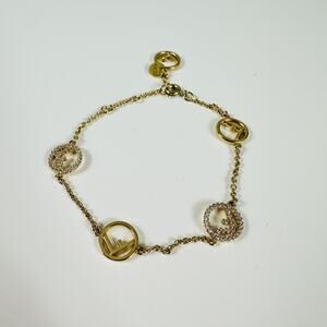 Fendi Gold Tone Crystal Logo Charm Chain Bracelet Made In Italy Designer